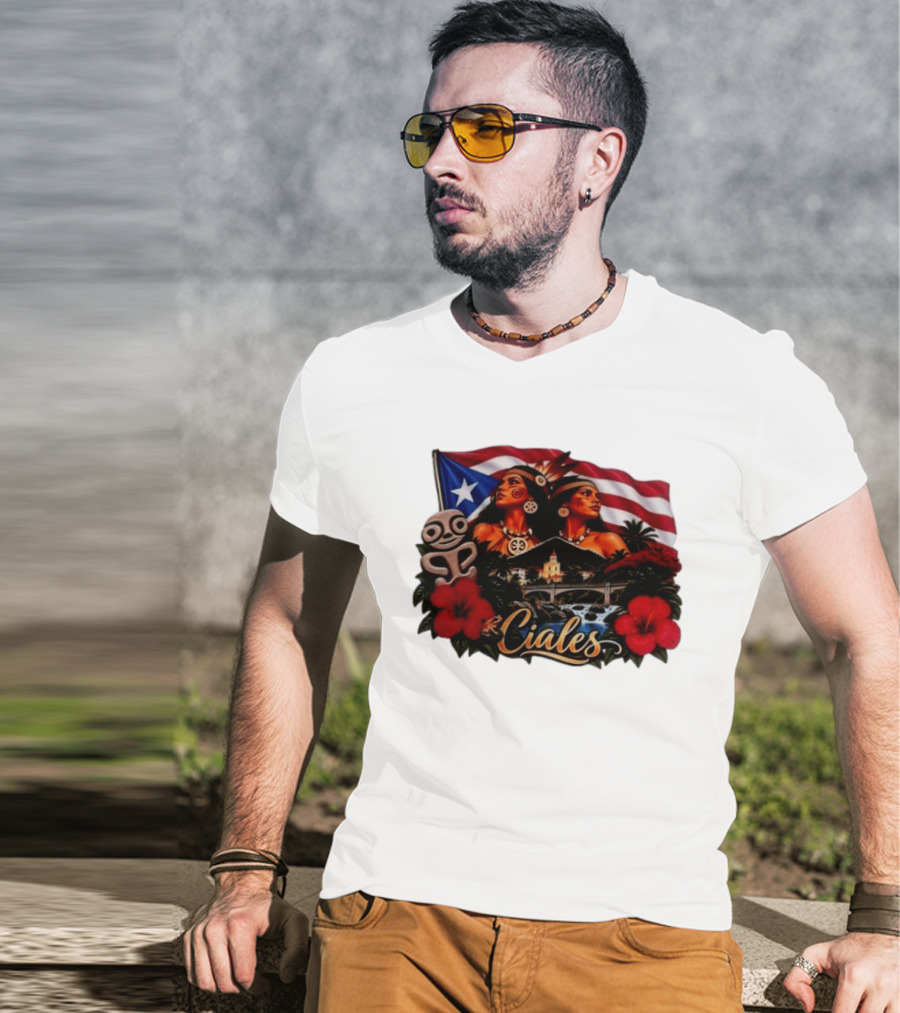Ciales Puerto Rico Taino Women With Flag Hibiscus Flowers And Indigenous T-Shirt