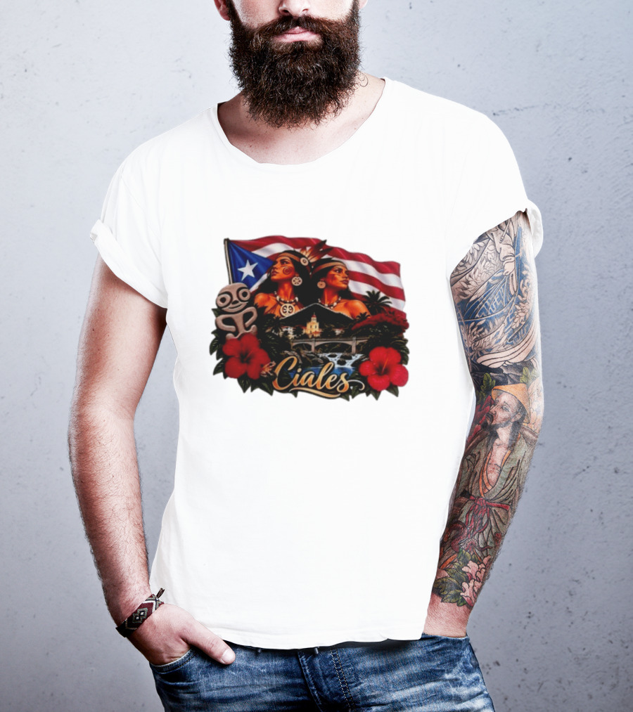 Ciales Puerto Rico Taino Women With Flag Hibiscus Flowers And Indigenous T-Shirt