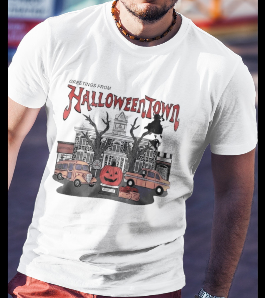 Greetings From Halloweentown Pumpkin Bus Witches Taxi T-Shirt