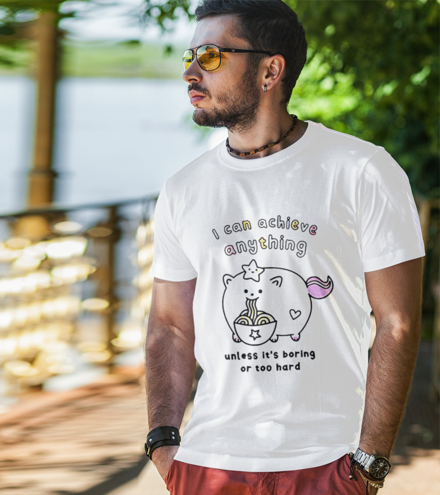 I Can Achieve Anything Cute Starry Cat Eating Noodles Unless It's Boring Or Too Hard T-Shirt