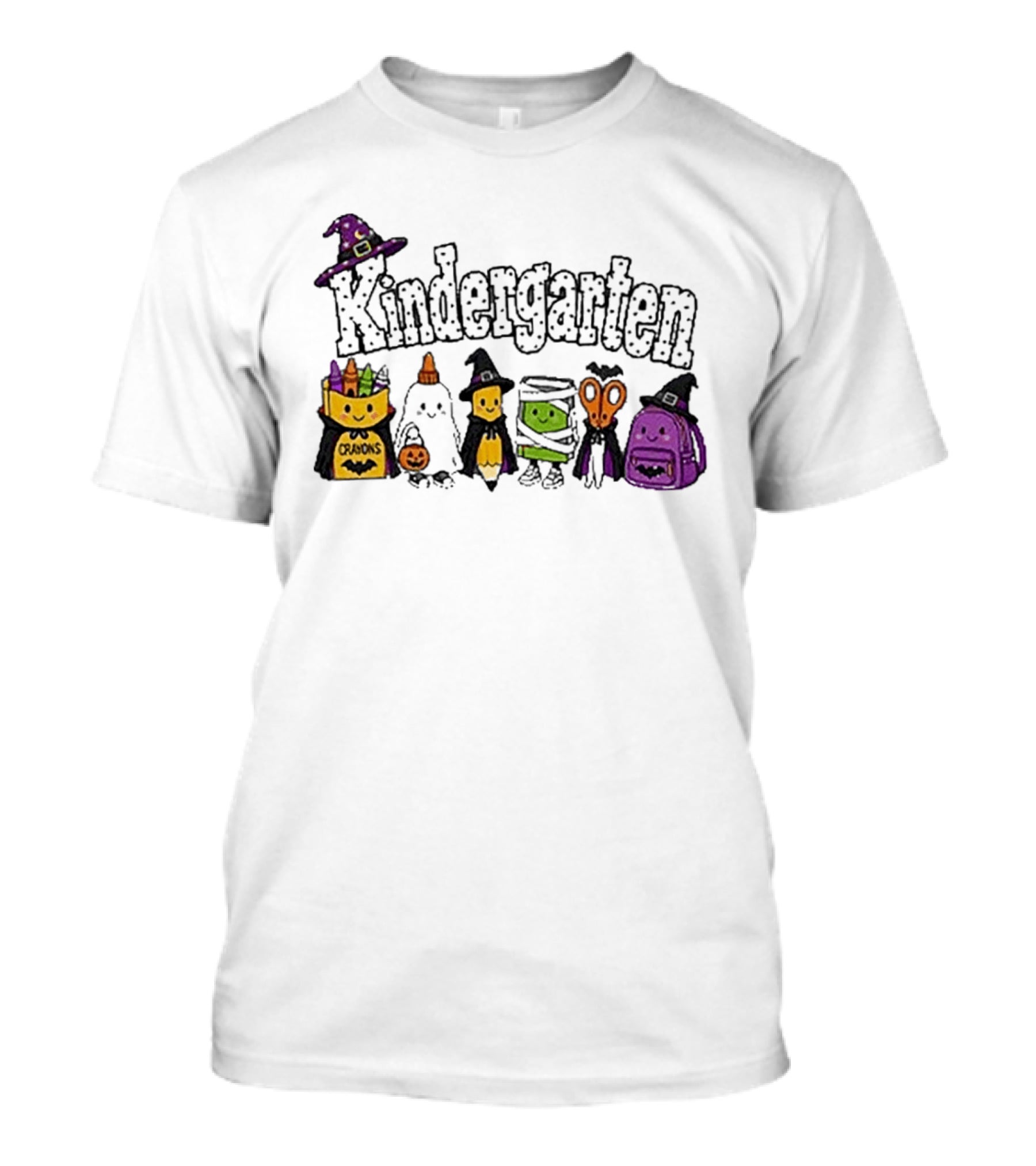 Kindergarten Crayons Ghost Bat Pumpkin Mummy Scissors Backpack Halloween T-Shirt
