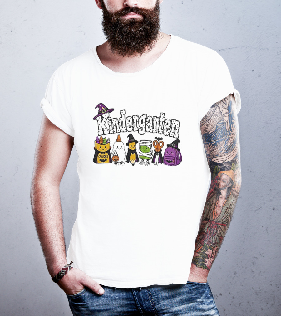 Kindergarten Crayons Ghost Bat Pumpkin Mummy Scissors Backpack Halloween T-Shirt