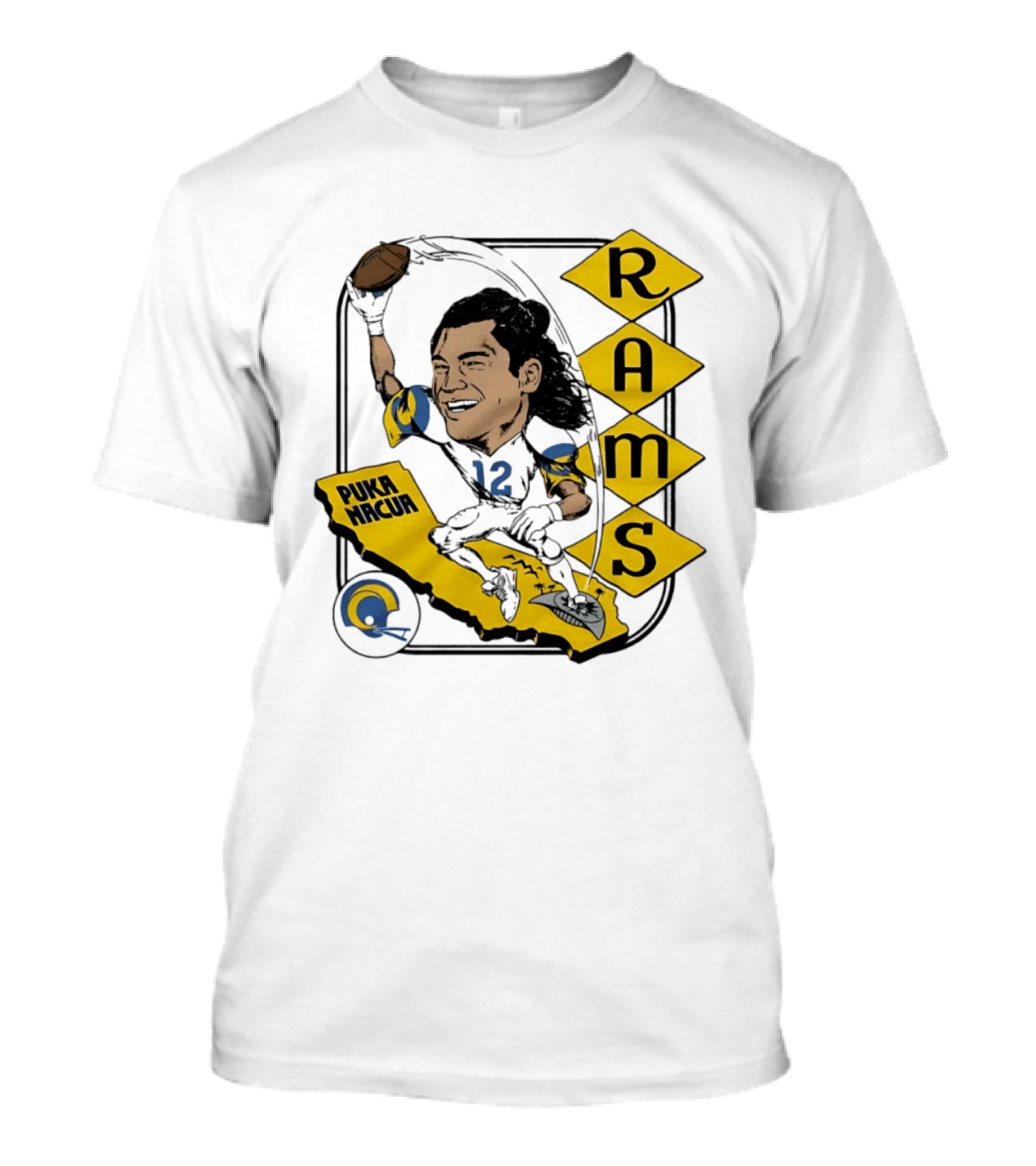 Los Angeles Rams Puka Nacua Caricature Football Player California Map T-Shirt
