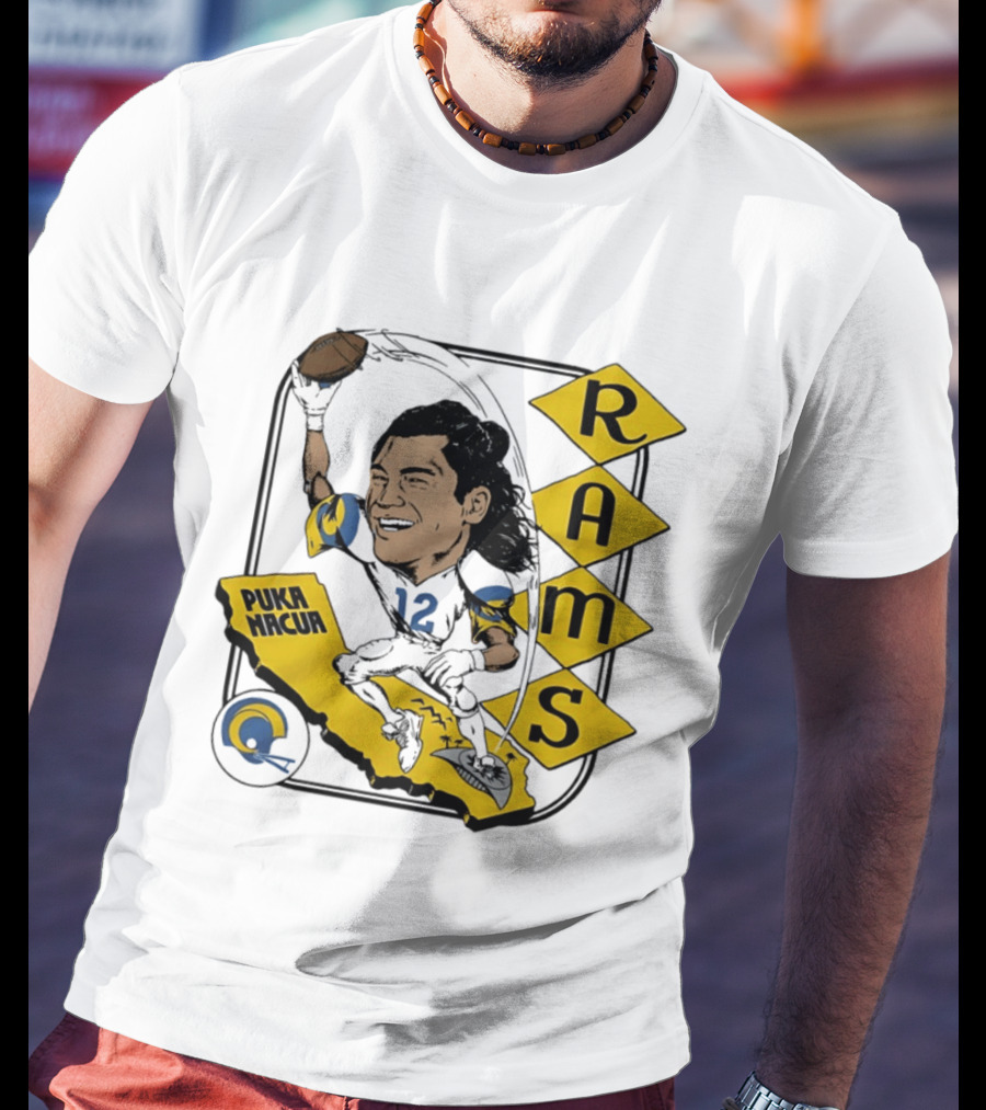 Los Angeles Rams Puka Nacua Caricature Football Player California Map T-Shirt