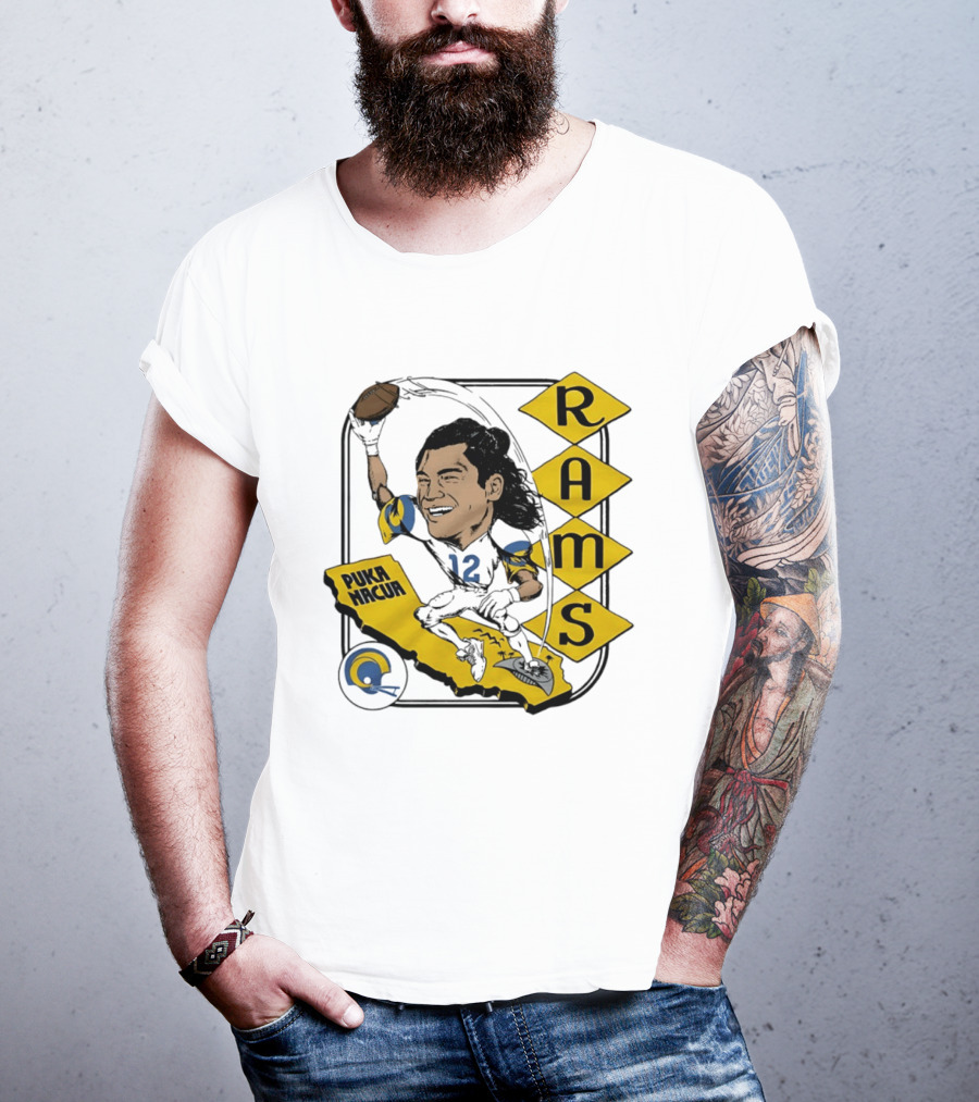 Los Angeles Rams Puka Nacua Caricature Football Player California Map T-Shirt