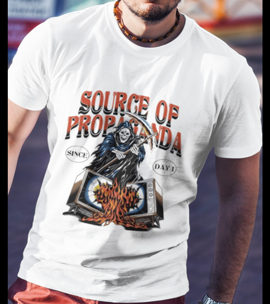 Source Of Propaganda Since Day 1 Grim Reaper Over Burning Television T-Shirt