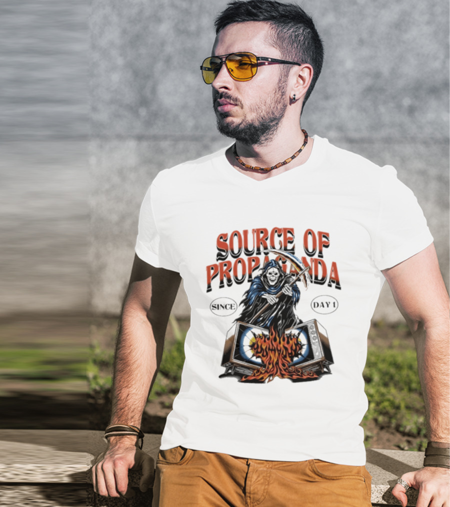 Source Of Propaganda Since Day 1 Grim Reaper Over Burning Television T-Shirt
