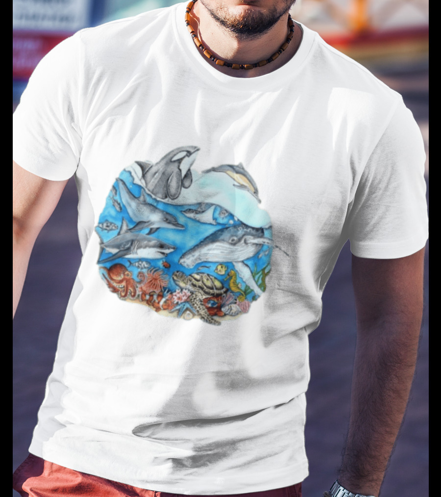 World Oceans Day Marine Life Dolphins Whales Turtles Octopus Coral Sea Animals Conservation T-Shirt