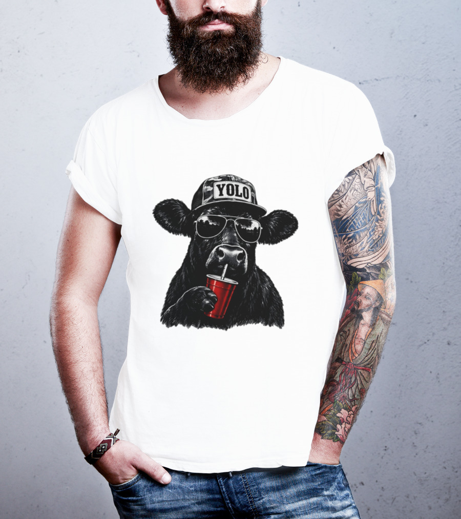YOLO Angus Cattle With Sunglasses And Red Cup Western T-Shirt
