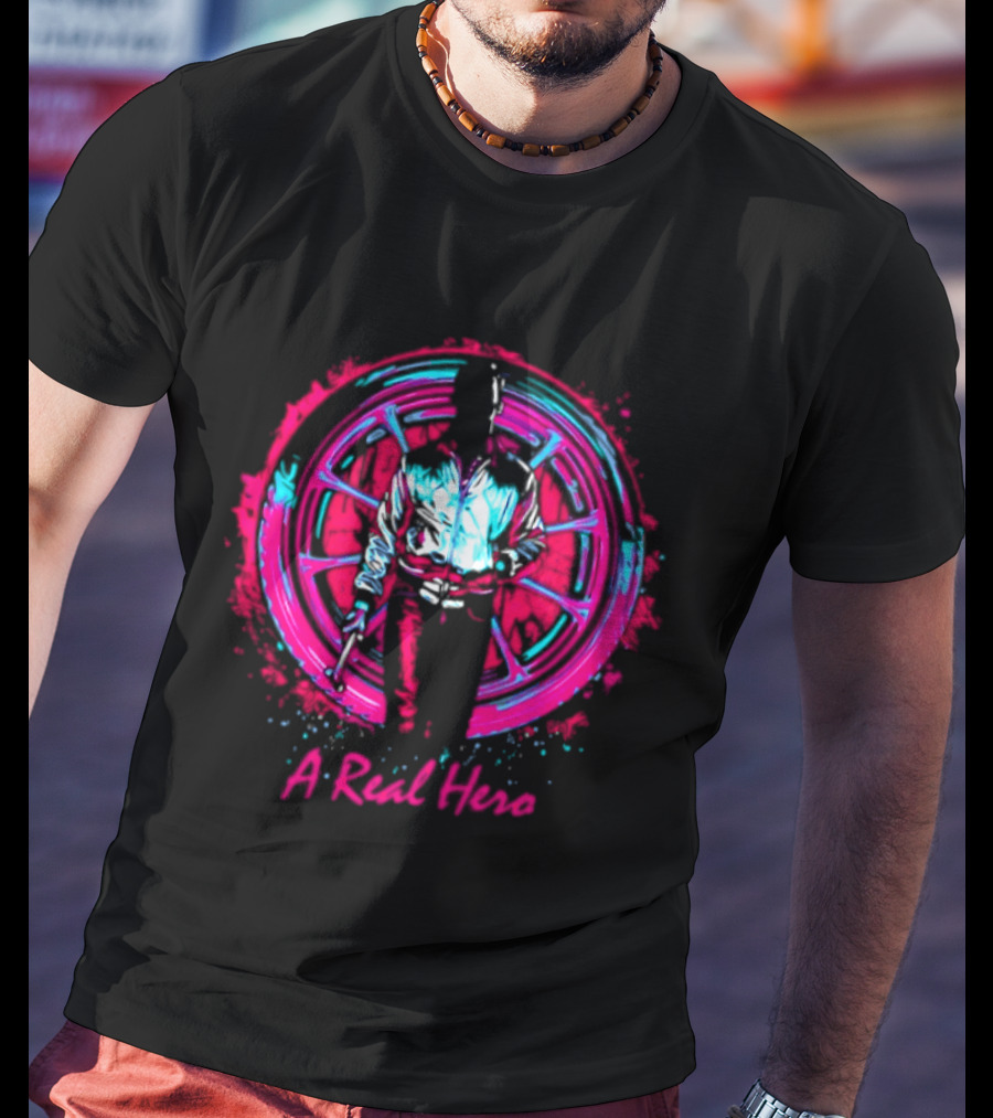 Drive Ryan Gosling Synthwave A Real Hero Wheel T-Shirt