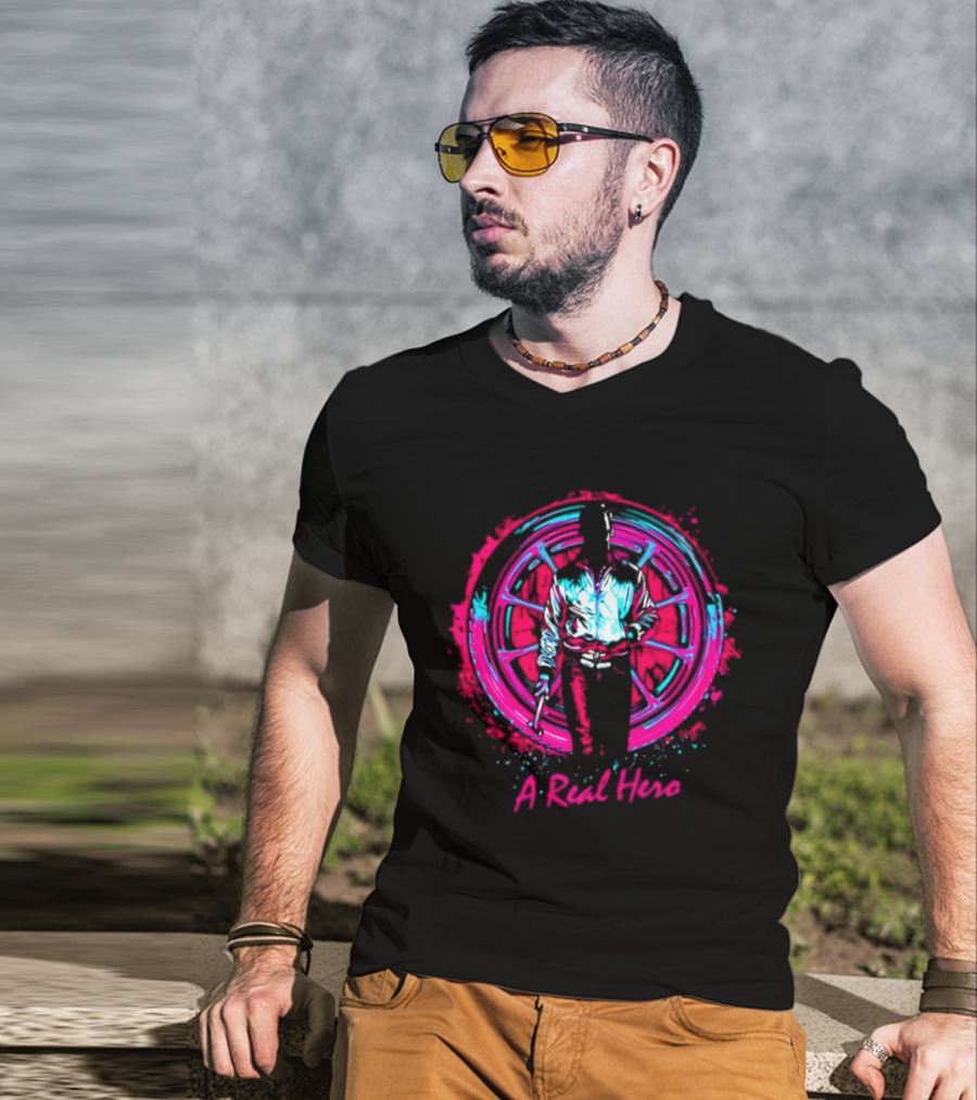 Drive Ryan Gosling Synthwave A Real Hero Wheel T-Shirt