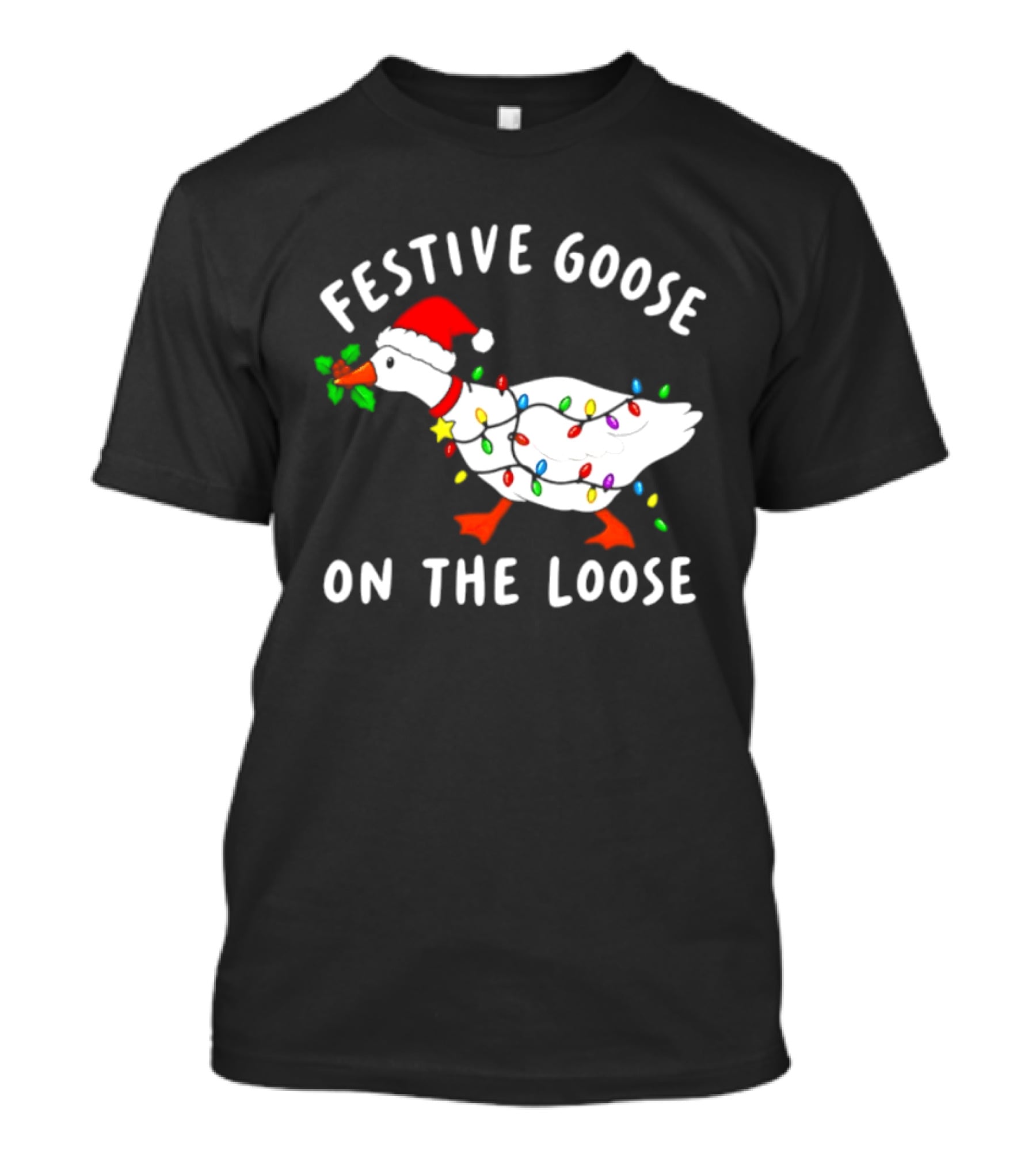 Festive Goose On The Loose With Christmas Lights And Santa Hat T-Shirt