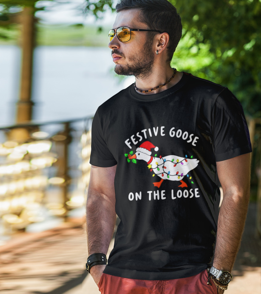 Festive Goose On The Loose With Christmas Lights And Santa Hat T-Shirt