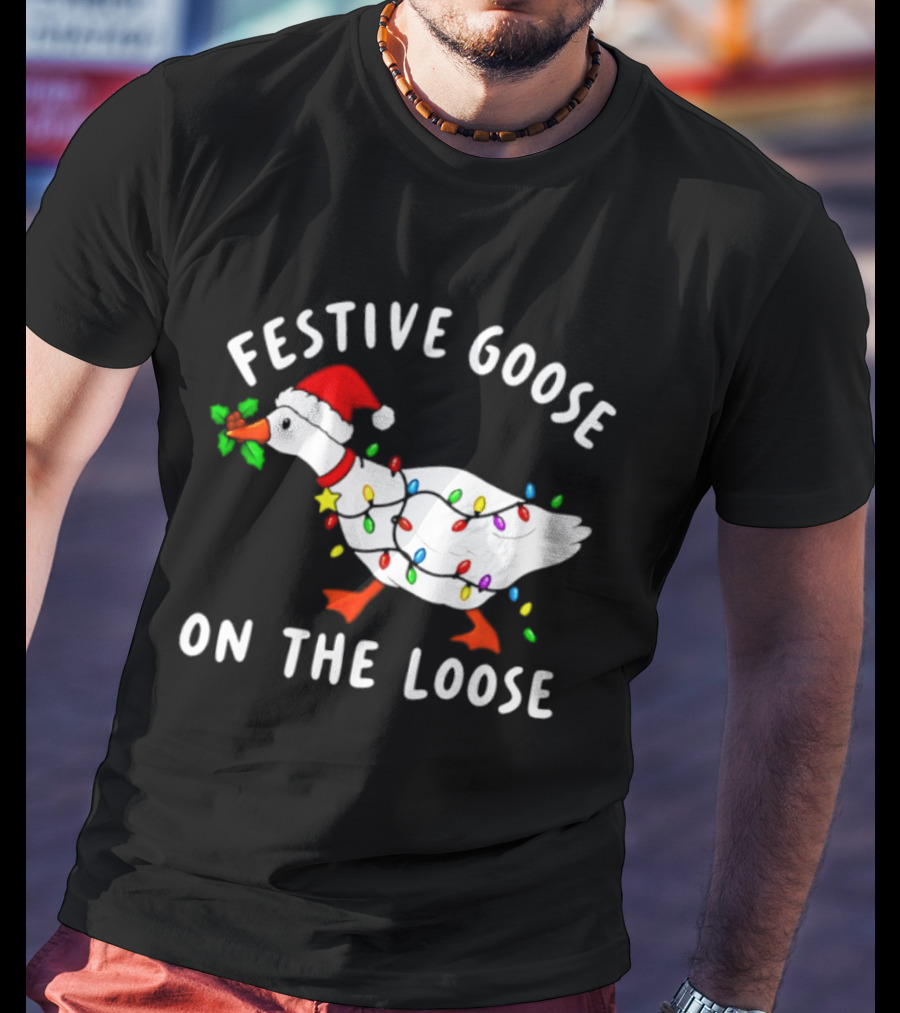 Festive Goose On The Loose With Christmas Lights And Santa Hat T-Shirt