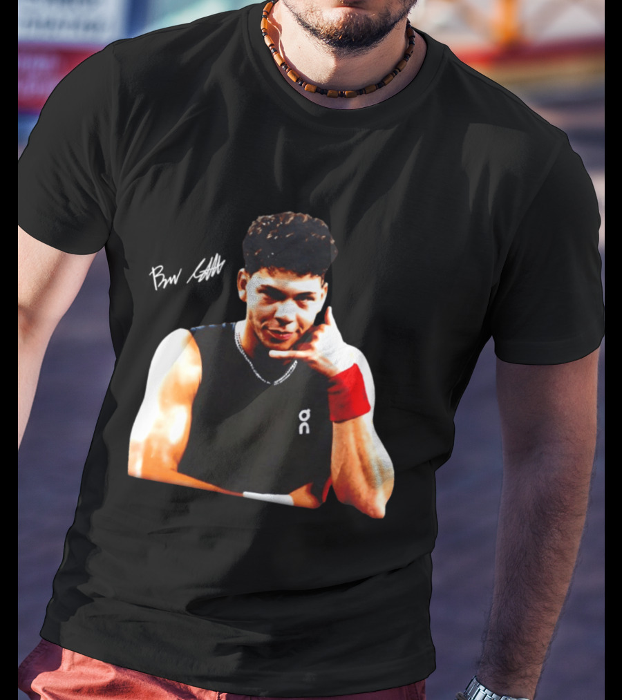 Ben Shelton Phone Gesture On Athletic Tank With Red Wristband T-Shirt