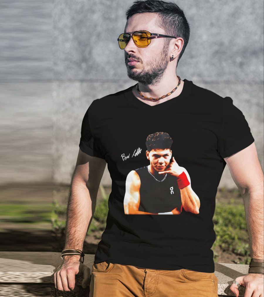Ben Shelton Phone Gesture On Athletic Tank With Red Wristband T-Shirt