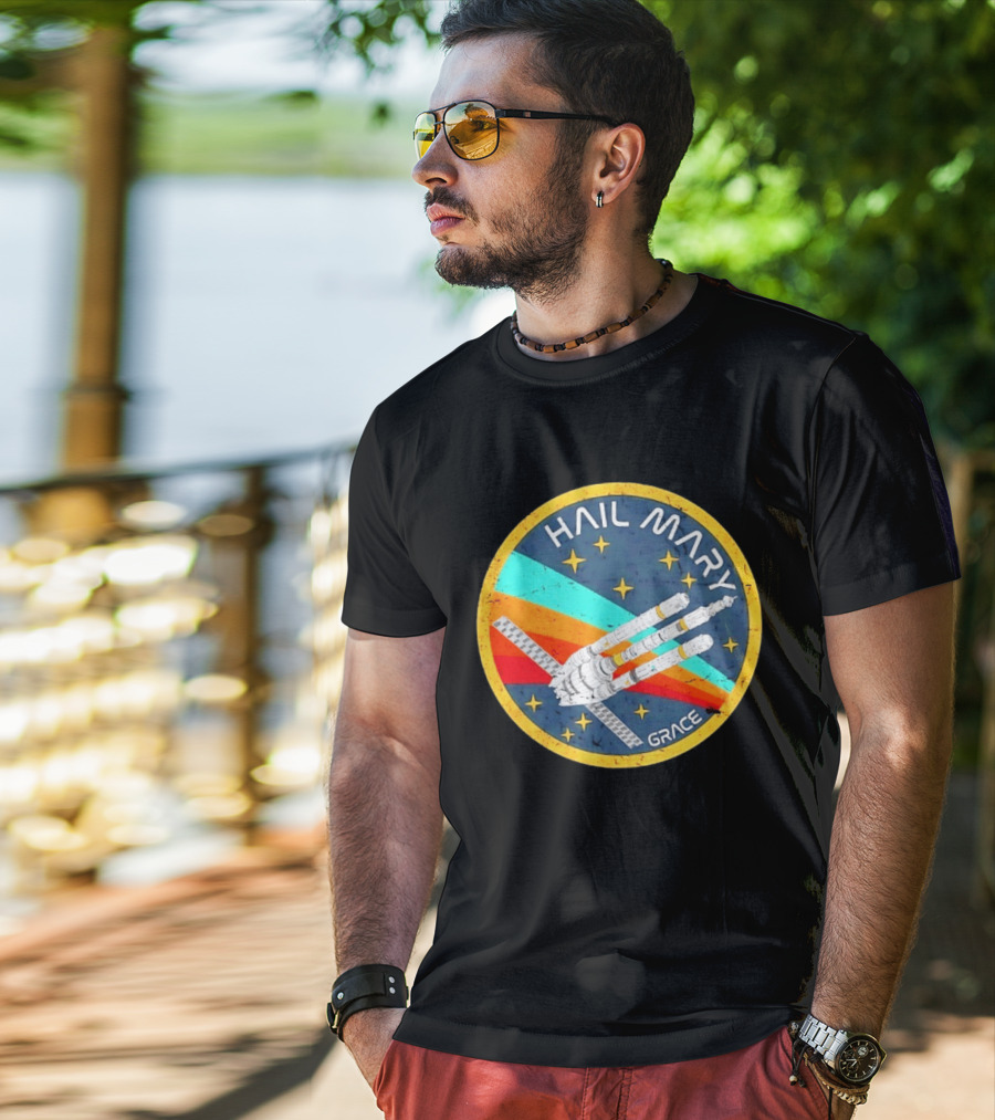Hail Mary Grace Project Space Mission Emblem Retro Rocket T-Shirt