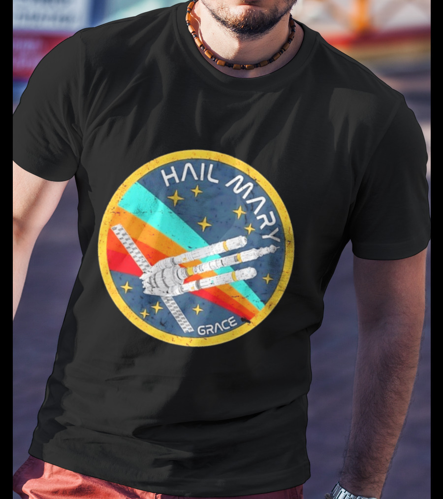 Hail Mary Grace Project Space Mission Emblem Retro Rocket T-Shirt
