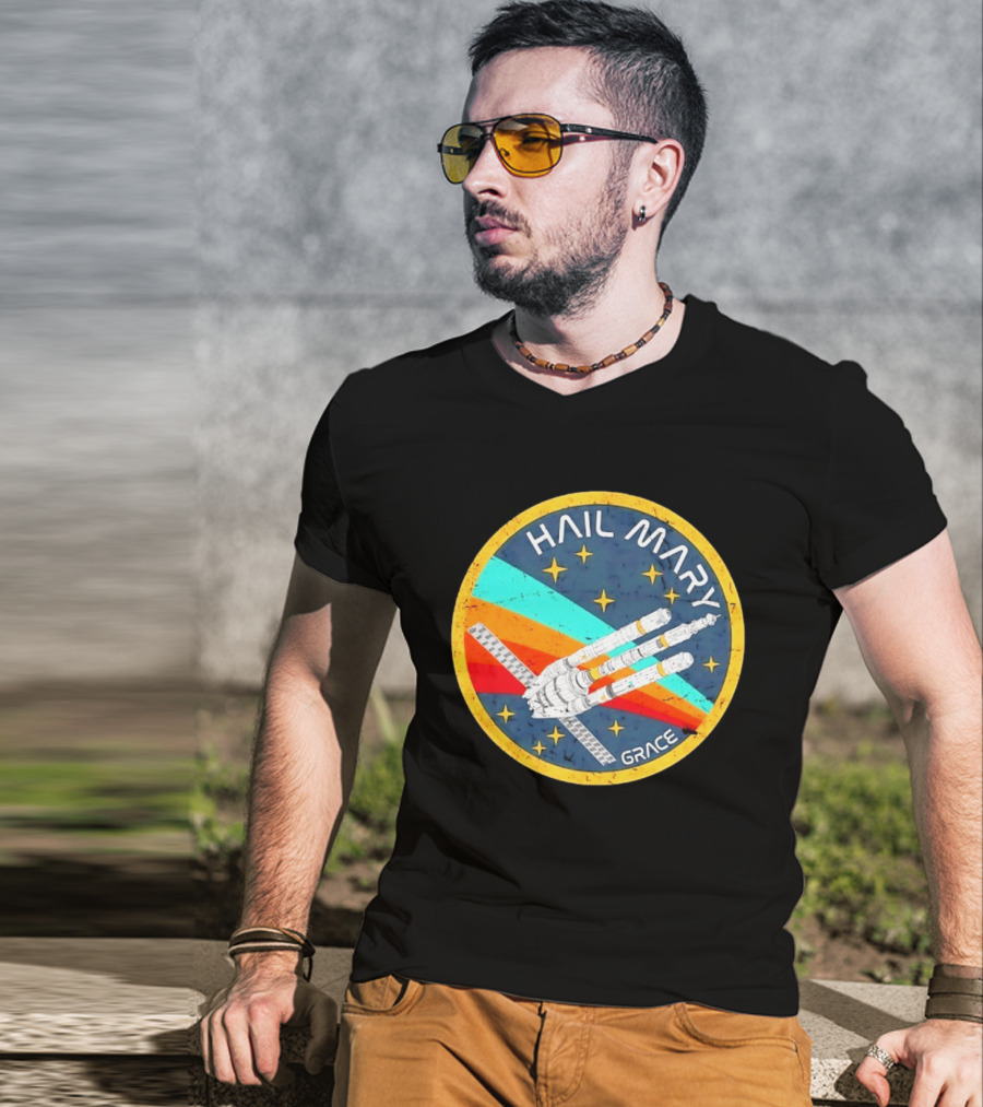 Hail Mary Grace Project Space Mission Emblem Retro Rocket T-Shirt