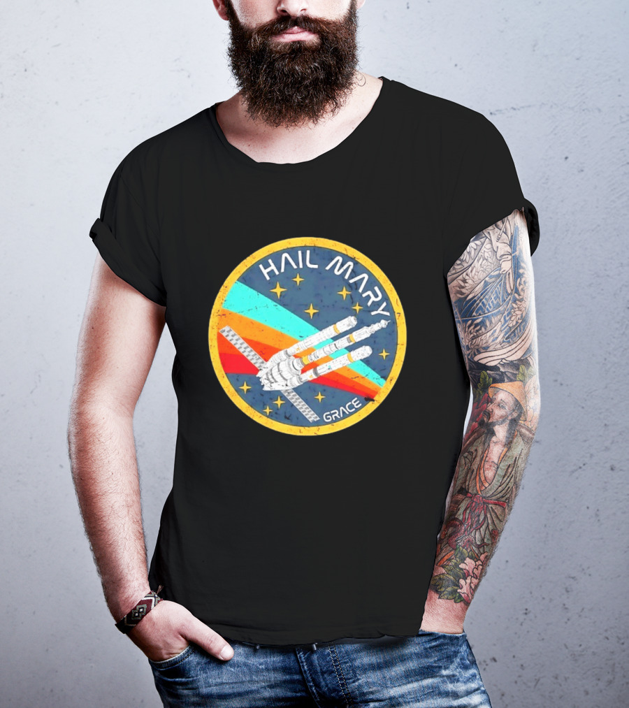 Hail Mary Grace Project Space Mission Emblem Retro Rocket T-Shirt