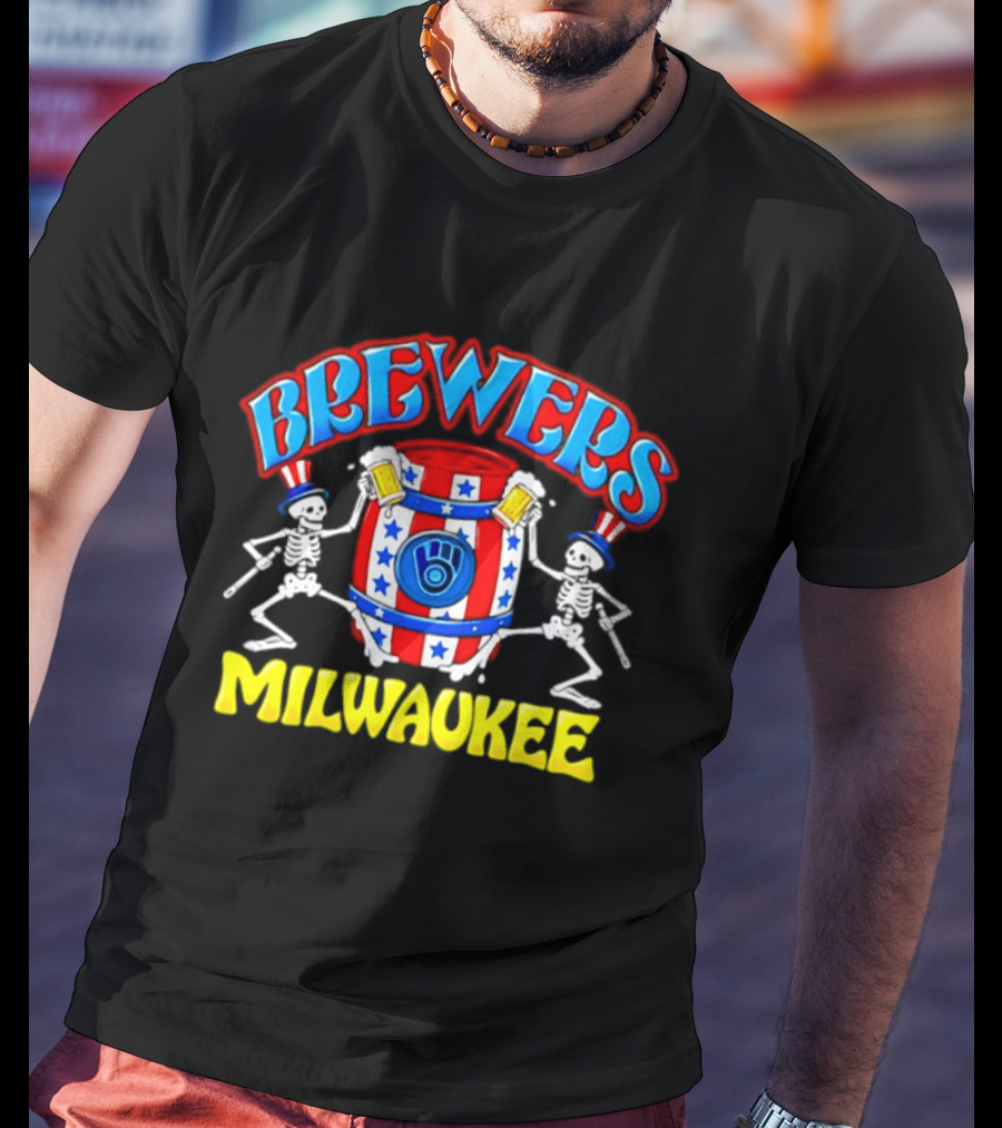 Brewers Milwaukee Skeleton Patriotic Barrel T-Shirt