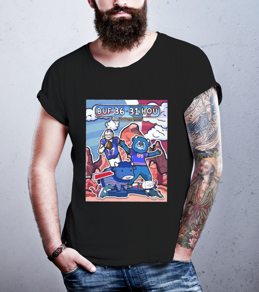 BUF 36 31 HOU CornDoggy Sports Doodle Buffalo Bills Houston Texans Game Day T-Shirt