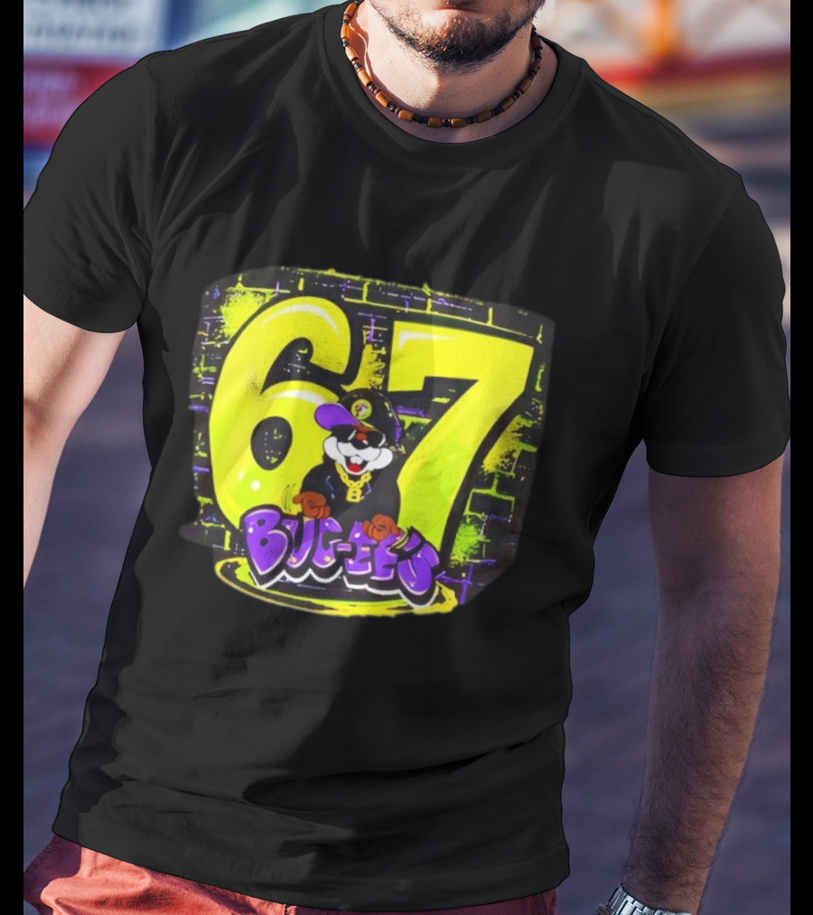 Buc Ee’s 6 7 Graffiti Neon Yellow Wall Art Character T-Shirt