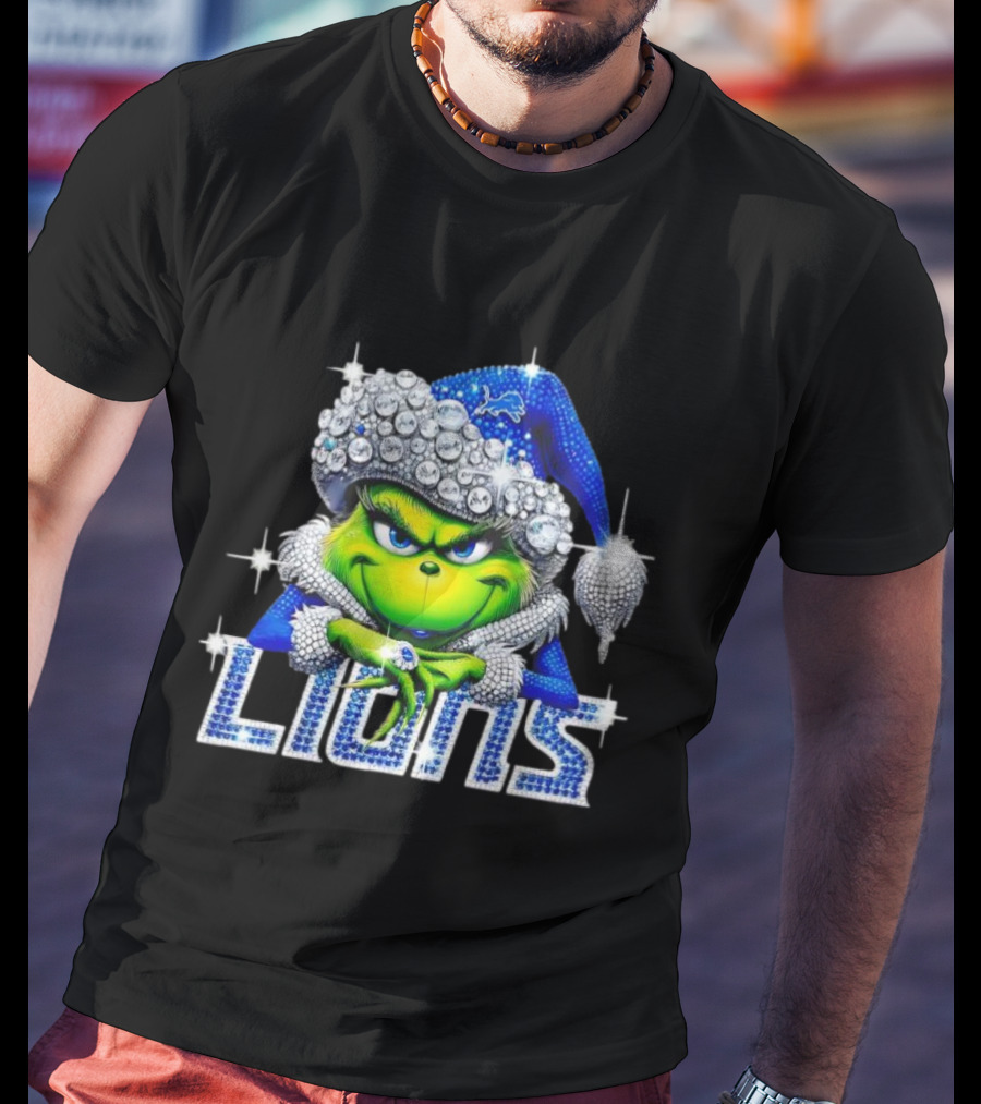 Detroit Lions Grinch Bling Santa Hat Christmas T-Shirt
