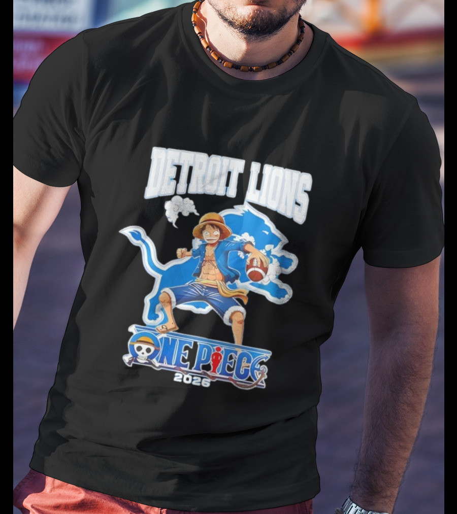 Detroit Lions One Piece Collaboration 2026 Luffy Crossover Football T-Shirt