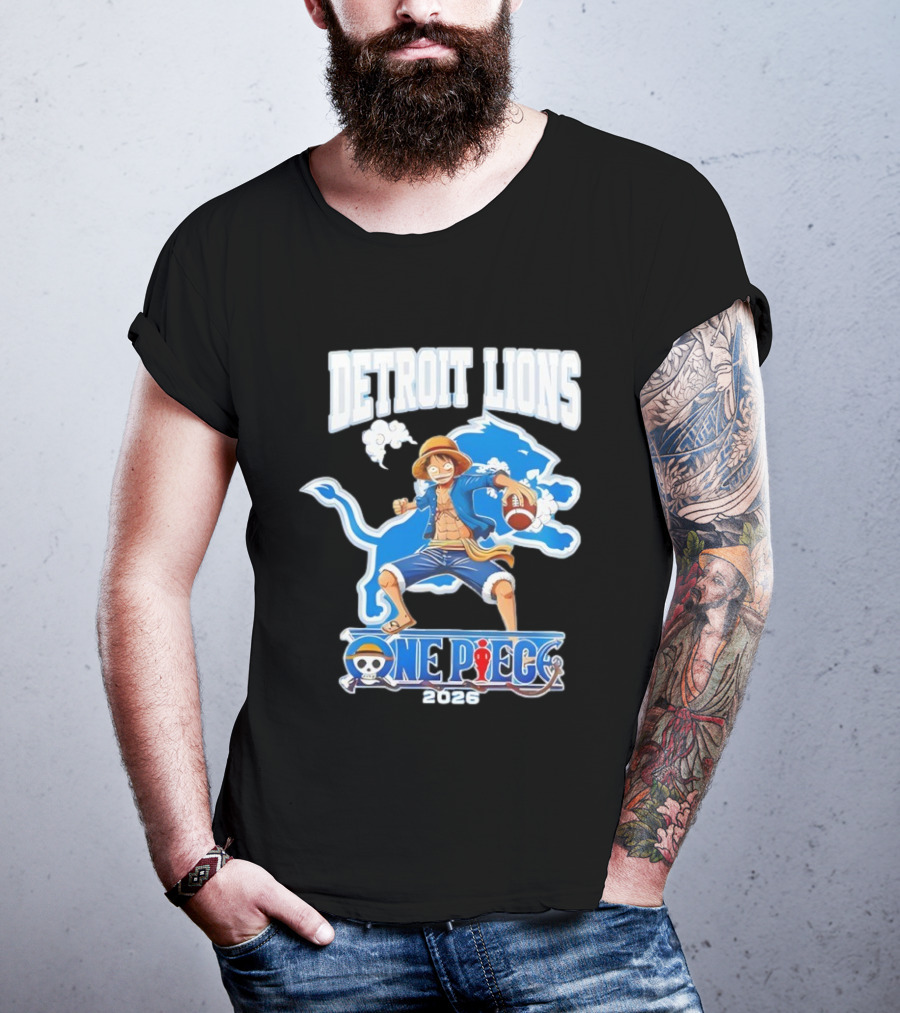 Detroit Lions One Piece Collaboration 2026 Luffy Crossover Football T-Shirt