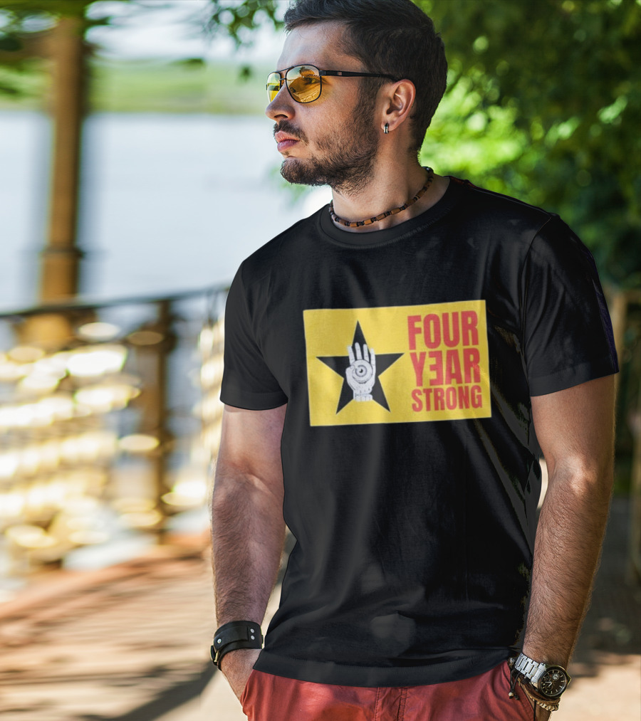 Four Year Strong Star With Hand Eye Symbol On Yellow Background T-Shirt