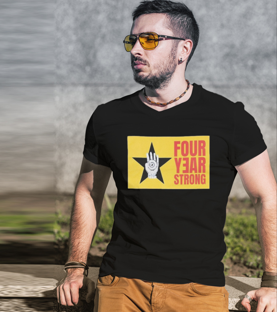 Four Year Strong Star With Hand Eye Symbol On Yellow Background T-Shirt