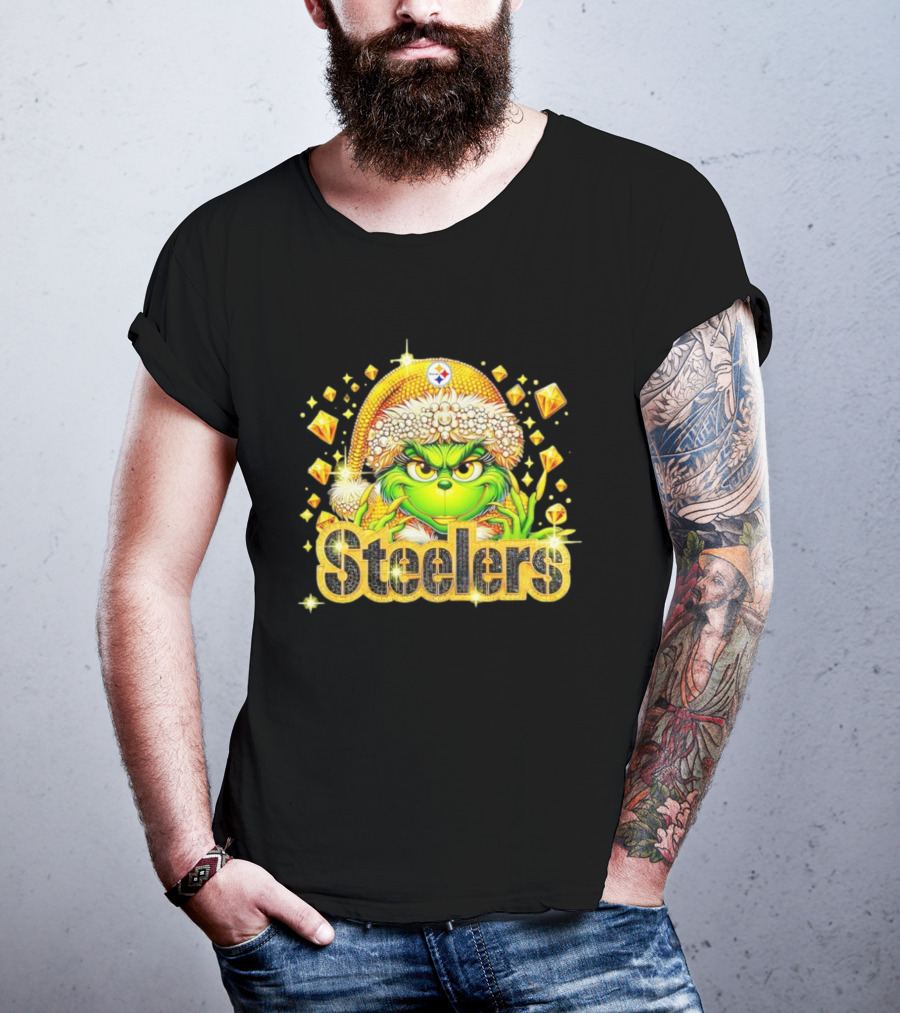 Pittsburgh Steelers Grinch Christmas Bling Santa Hat Holiday Merchandise T-Shirt