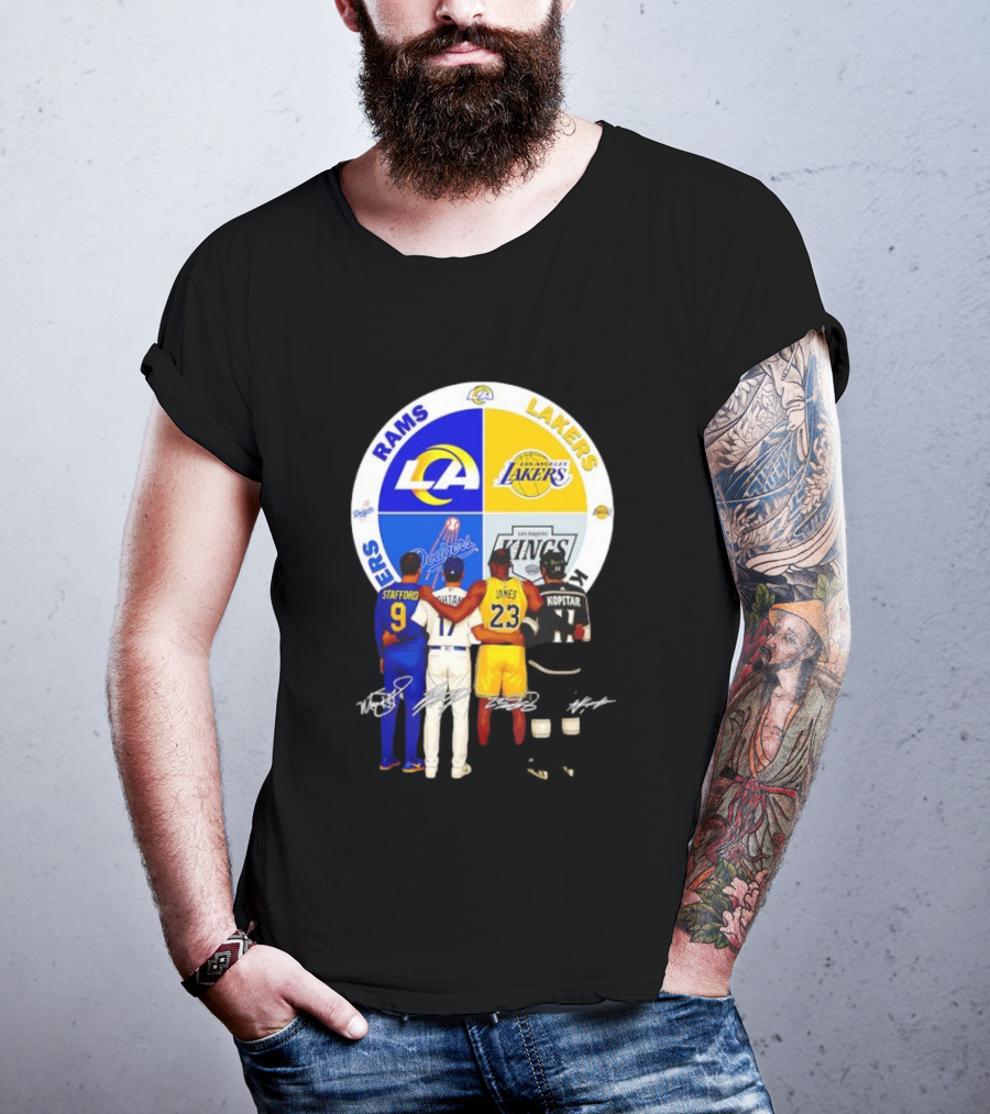 Los Angeles Rams Lakers Dodgers Kings Major Players Stafford Kershaw James Kopitar Signatures T-Shirt