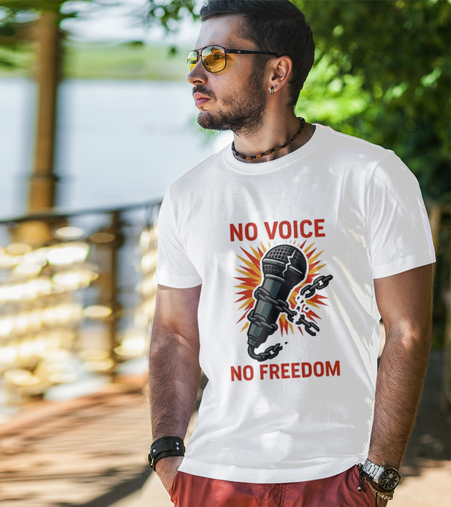 No Voice No Freedom Microphone And Chain Graphic T-Shirt