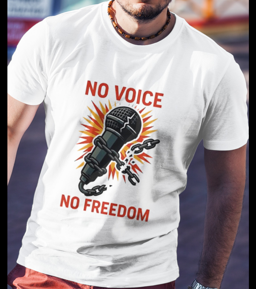 No Voice No Freedom Microphone And Chain Graphic T-Shirt