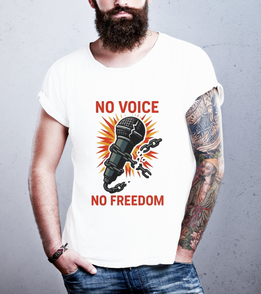 No Voice No Freedom Microphone And Chain Graphic T-Shirt