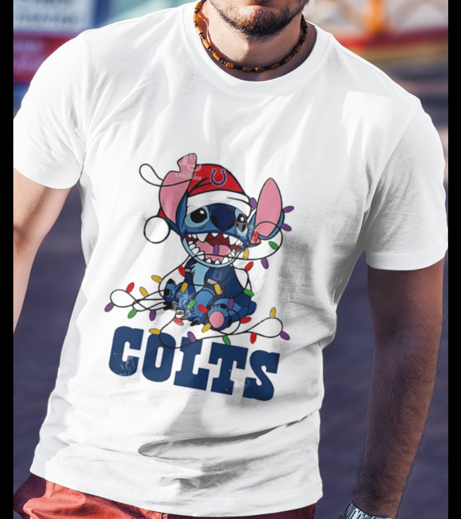Indianapolis Colts Stitch Christmas Lights NFL Fan Art T-Shirt