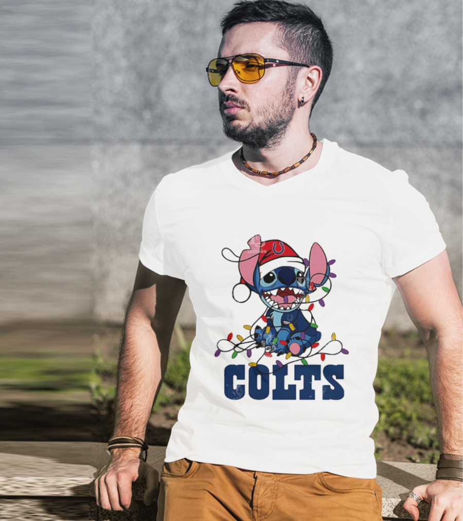 Indianapolis Colts Stitch Christmas Lights NFL Fan Art T-Shirt