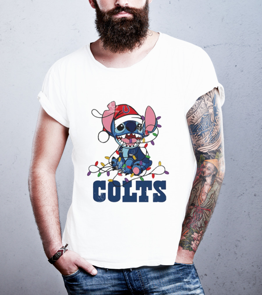 Indianapolis Colts Stitch Christmas Lights NFL Fan Art T-Shirt