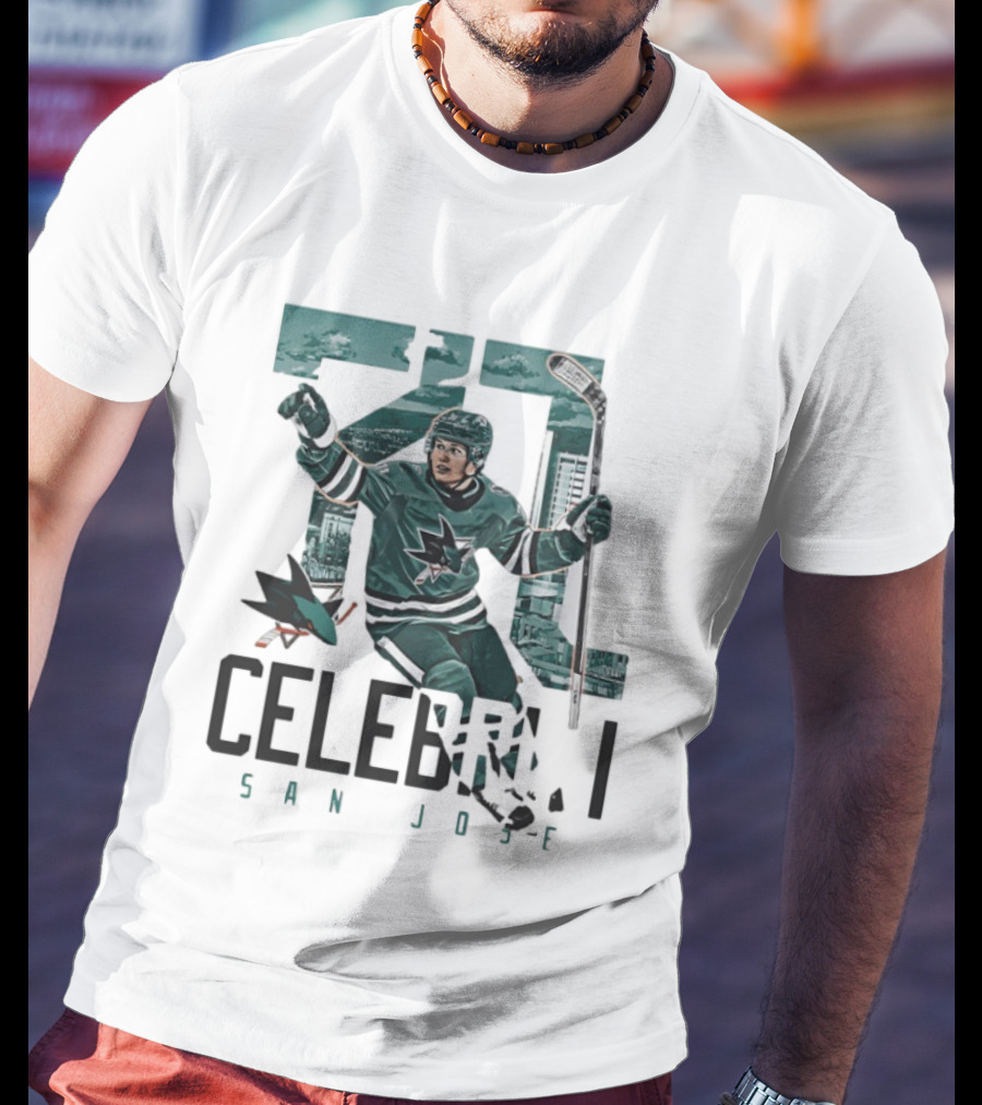 San Jose Sharks 71 Celebrini Landmark Skyline Hockey T-Shirt