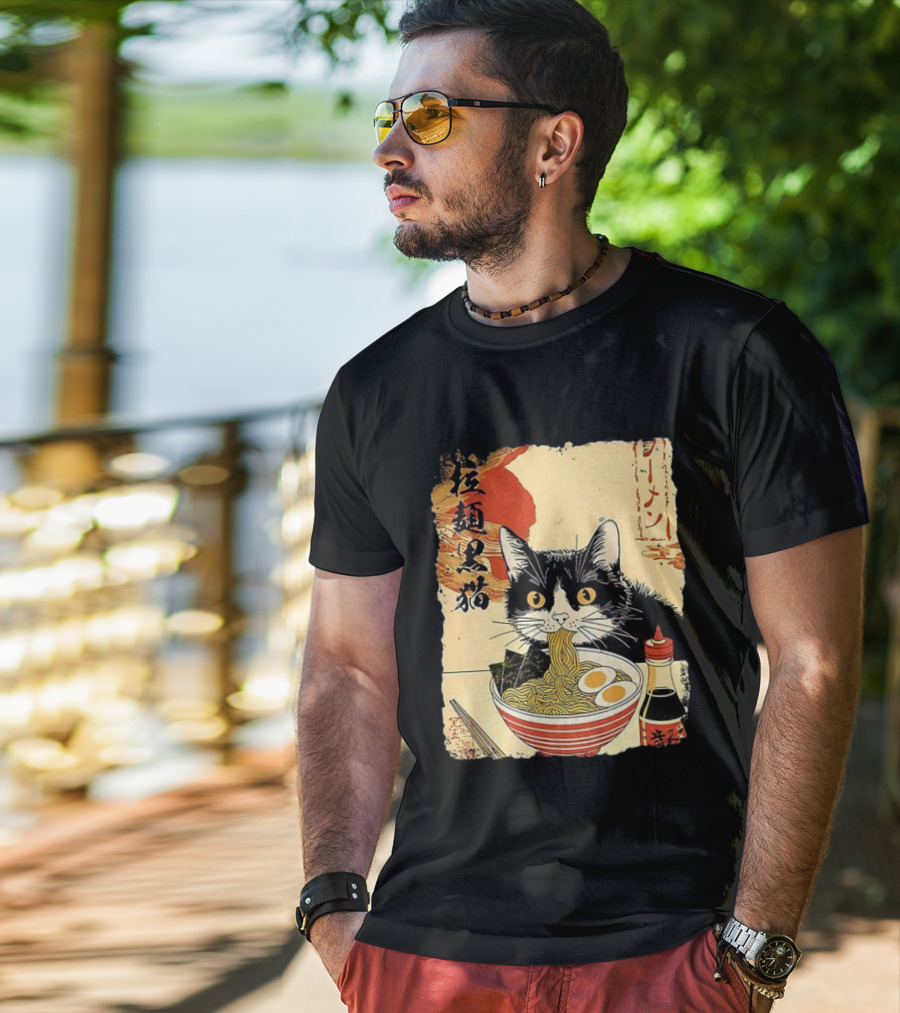 Japanese Black Cat Ramen Ukiyo E Retro Style With Kanji T-Shirt
