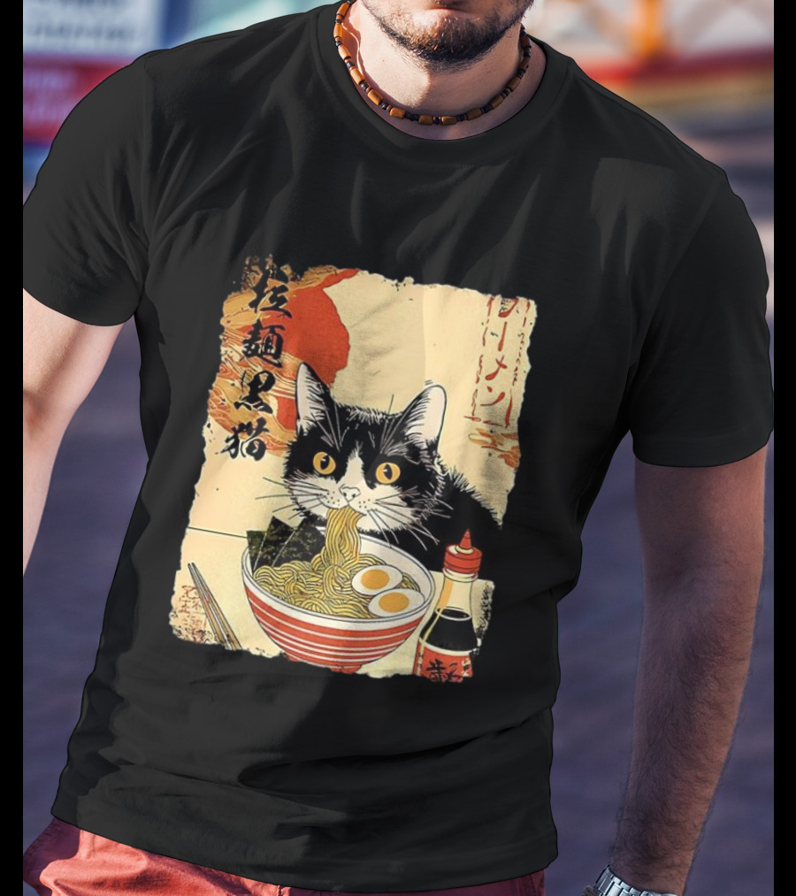 Japanese Black Cat Ramen Ukiyo E Retro Style With Kanji T-Shirt
