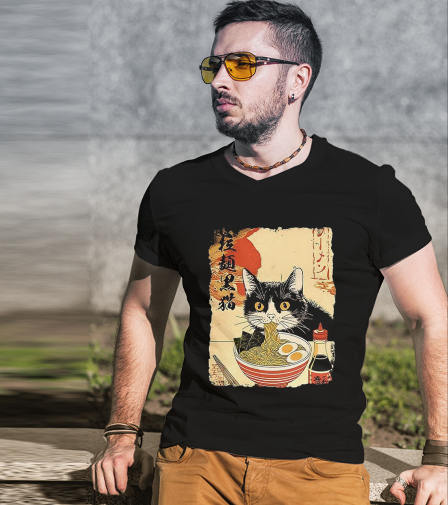 Japanese Black Cat Ramen Ukiyo E Retro Style With Kanji T-Shirt