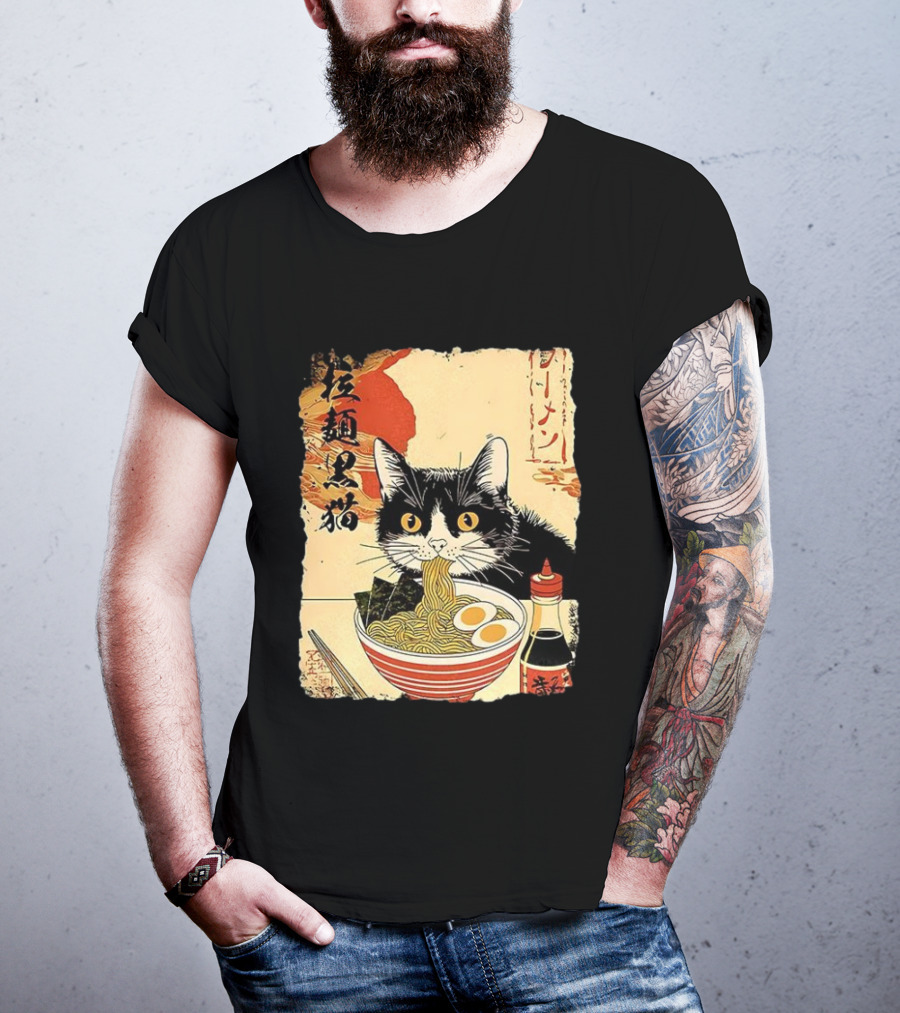 Japanese Black Cat Ramen Ukiyo E Retro Style With Kanji T-Shirt