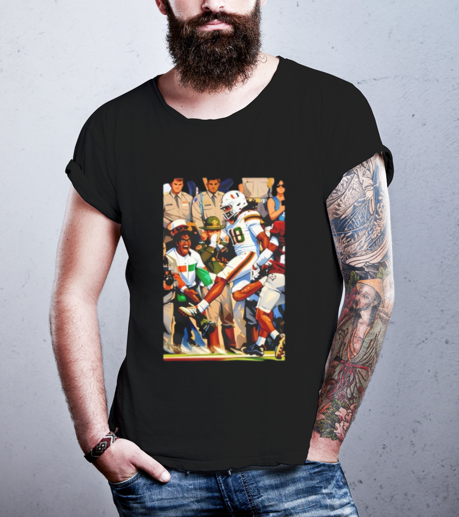 Miami Hurricanes Football Touchdown Celebration Game Day Action Scene T-Shirt