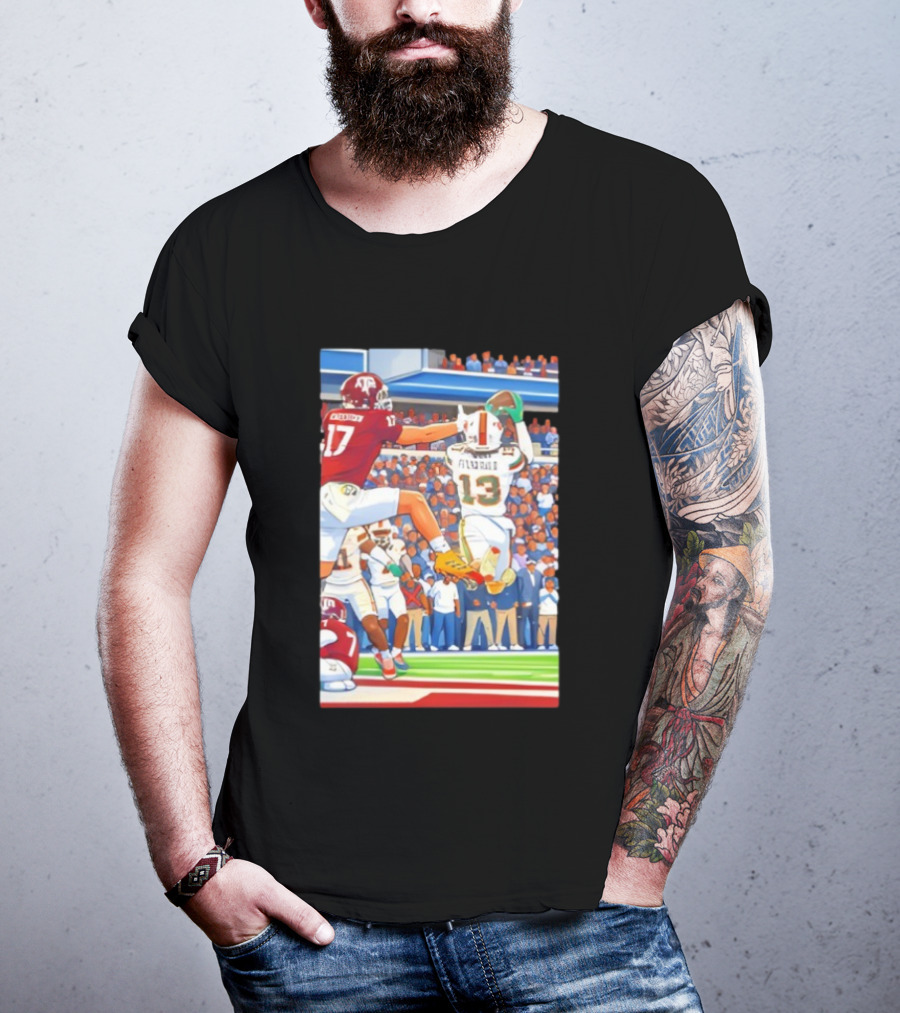 Miami Hurricanes Vs Texas A&M Football Game Fitzgerald 13 Rakestraw 17 Stadium Scene T-Shirt