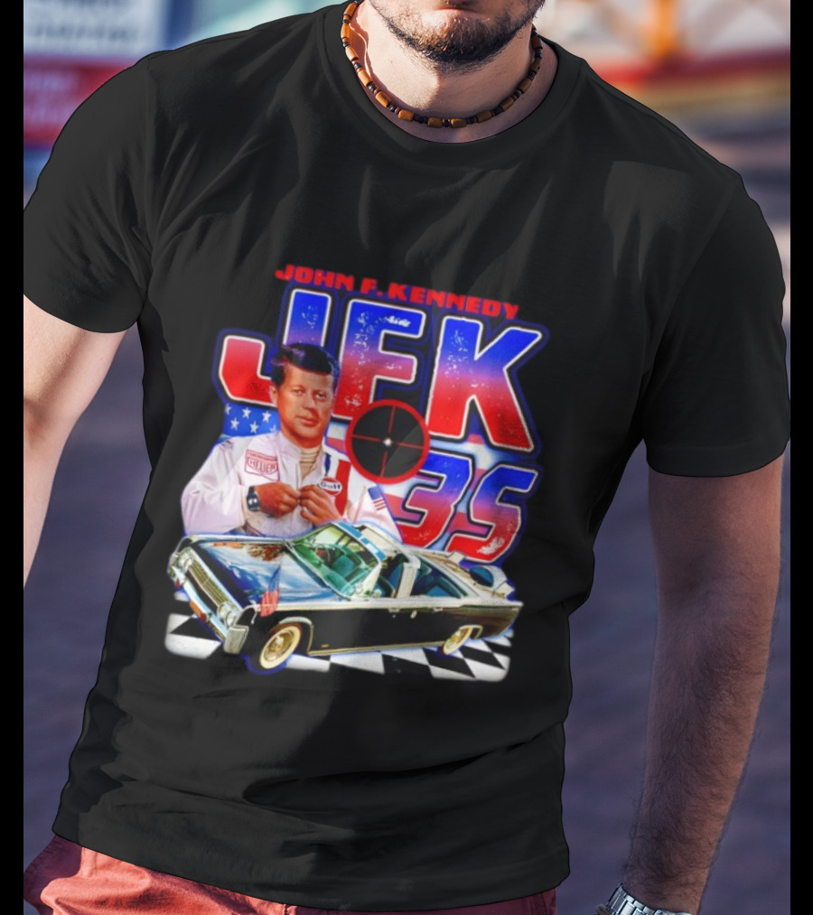 John F. Kennedy JFK 35 Racer Car USA Flag T-Shirt