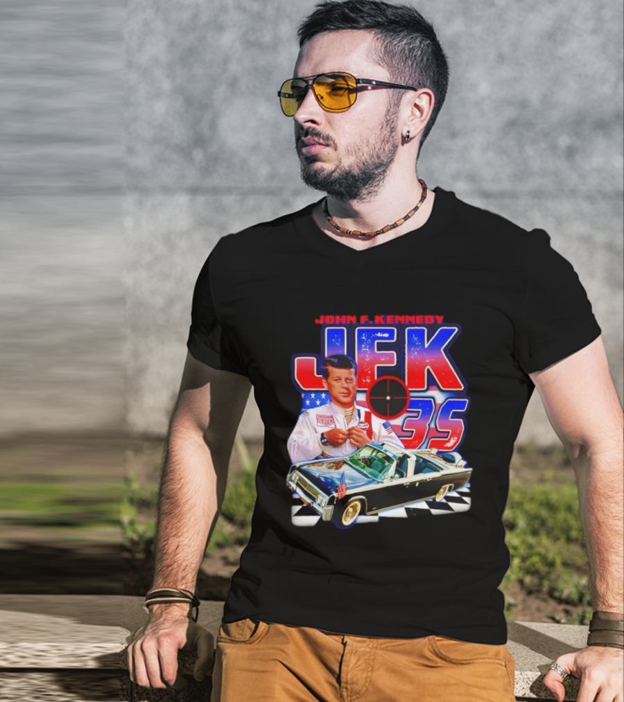John F. Kennedy JFK 35 Racer Car USA Flag T-Shirt