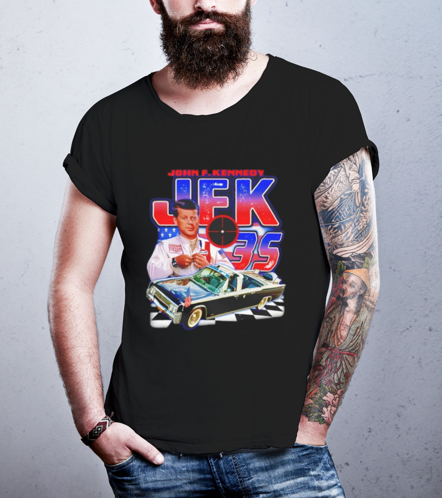 John F. Kennedy JFK 35 Racer Car USA Flag T-Shirt